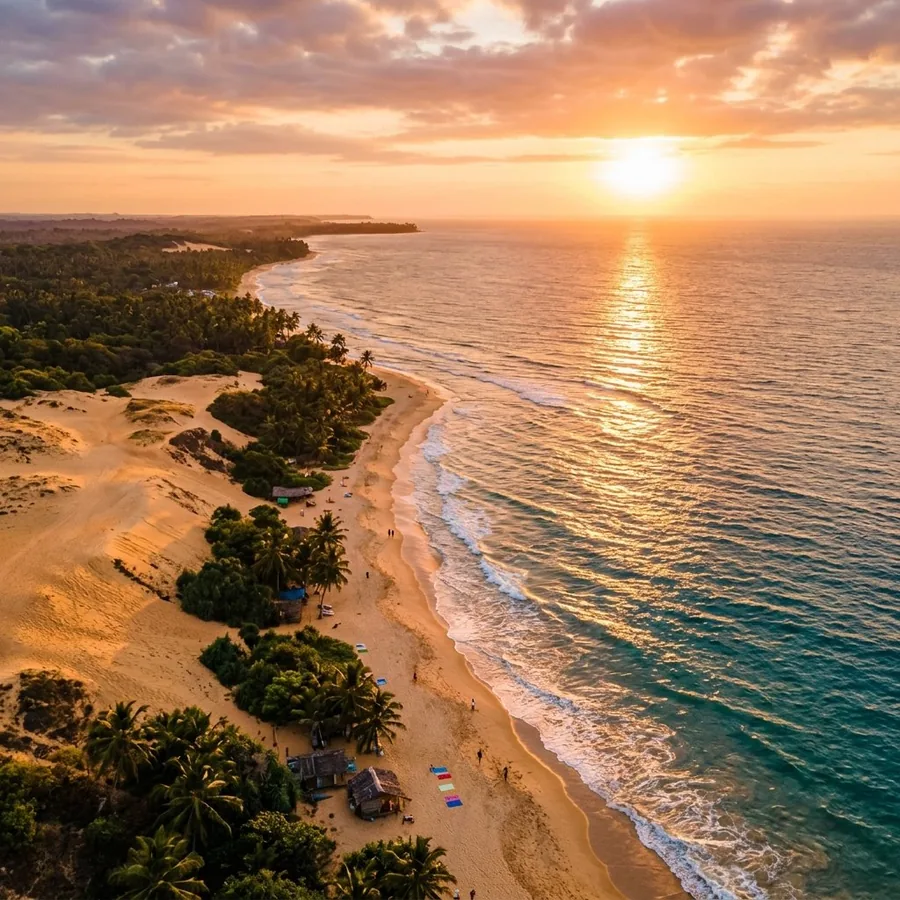 Pôr do sol dourado na costa potiguar visto de cima