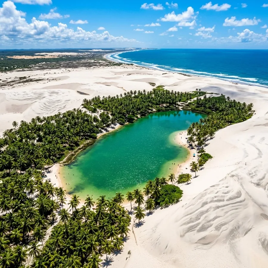 Lagoa de água doce entre dunas e coqueiros de Natal